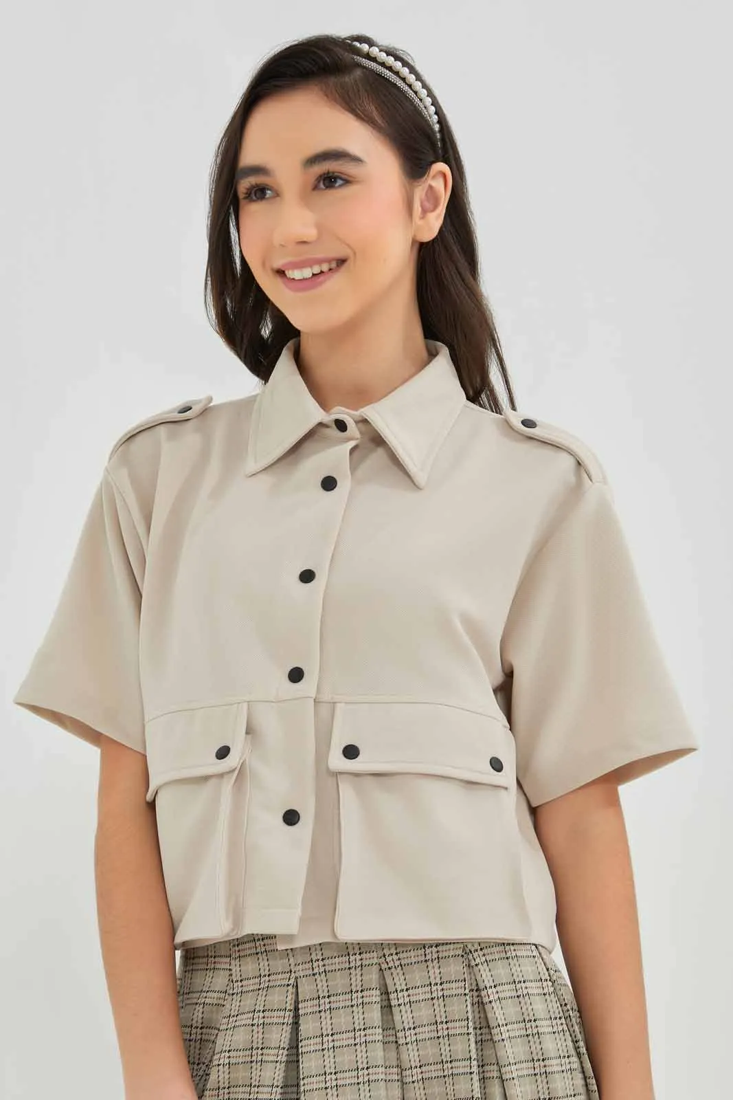 Senior Girls Beige Cropped Shirt