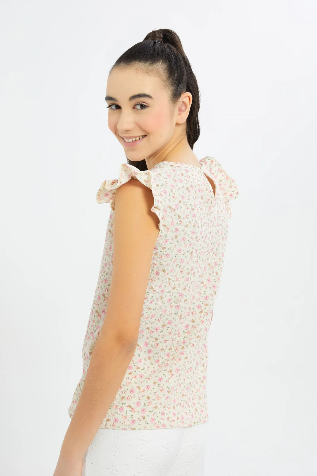 Senior Girls Pink Floral Ruffled Sleeve Top