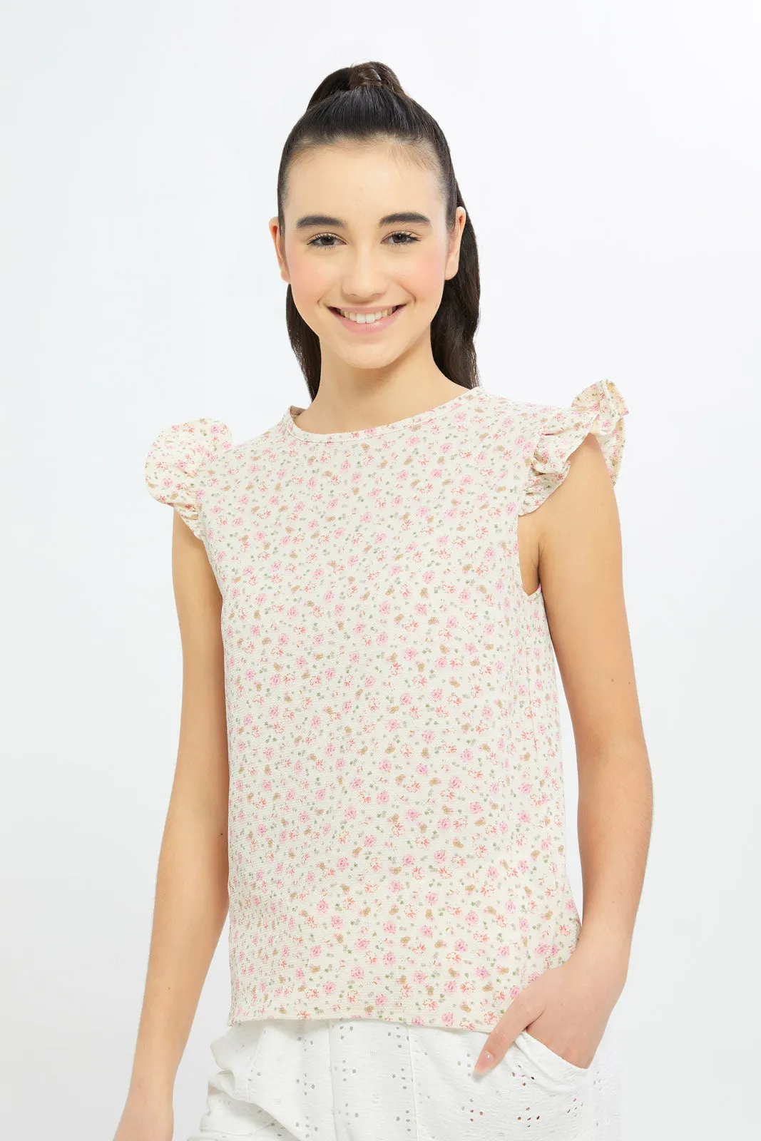 Senior Girls Pink Floral Ruffled Sleeve Top