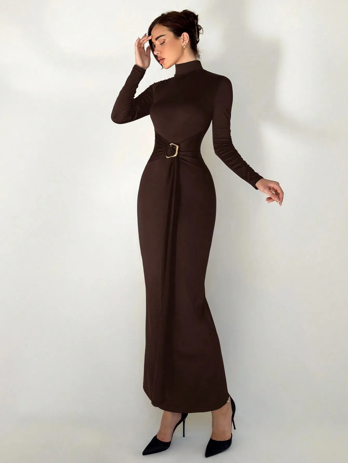 SHEIN Aloruh Autumn/Winter New Slim Fit Warm Stand Collar Long Sleeve Cinched Waist Extra-Long Versatile Knit Dress