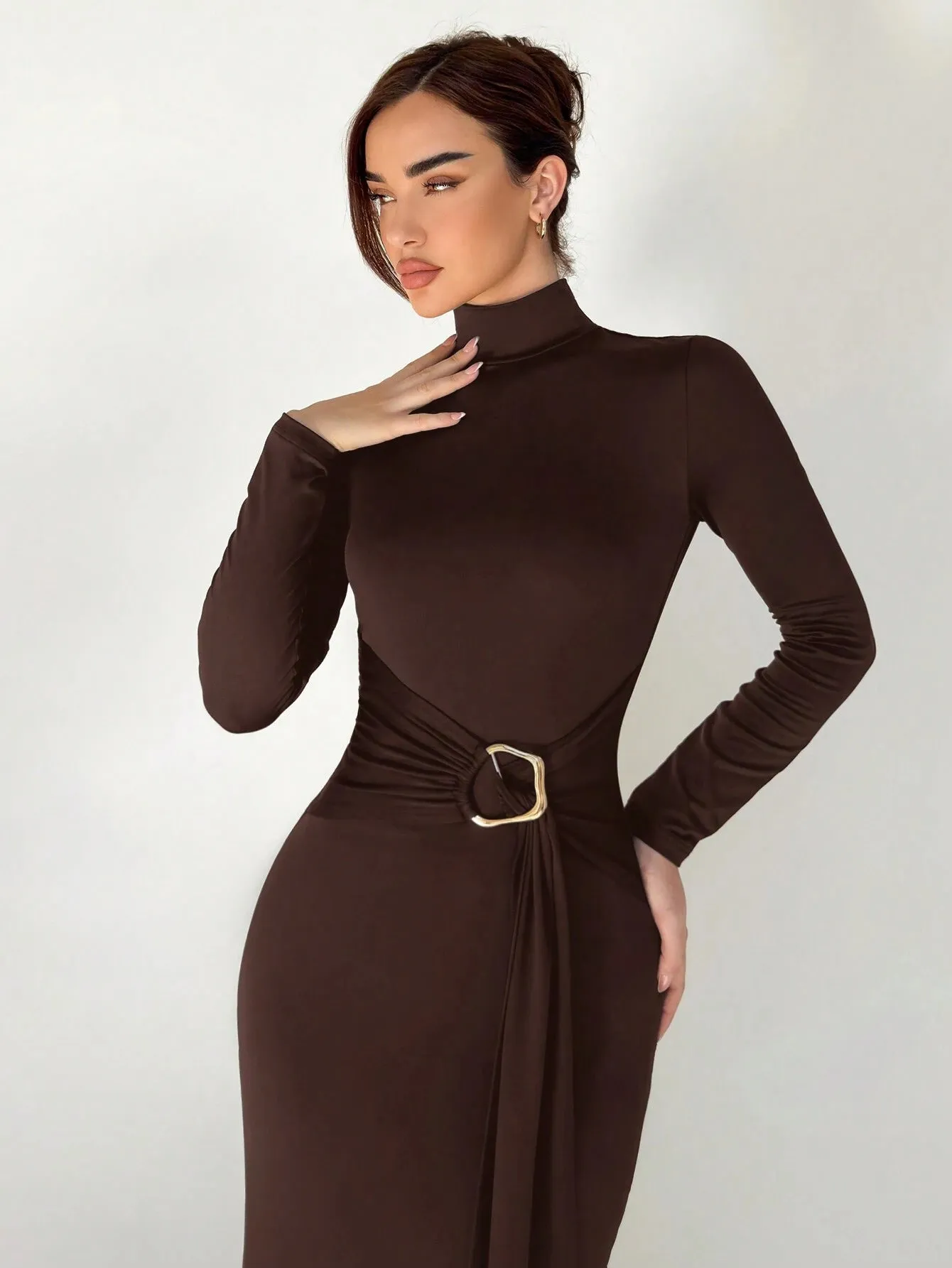 SHEIN Aloruh Autumn/Winter New Slim Fit Warm Stand Collar Long Sleeve Cinched Waist Extra-Long Versatile Knit Dress