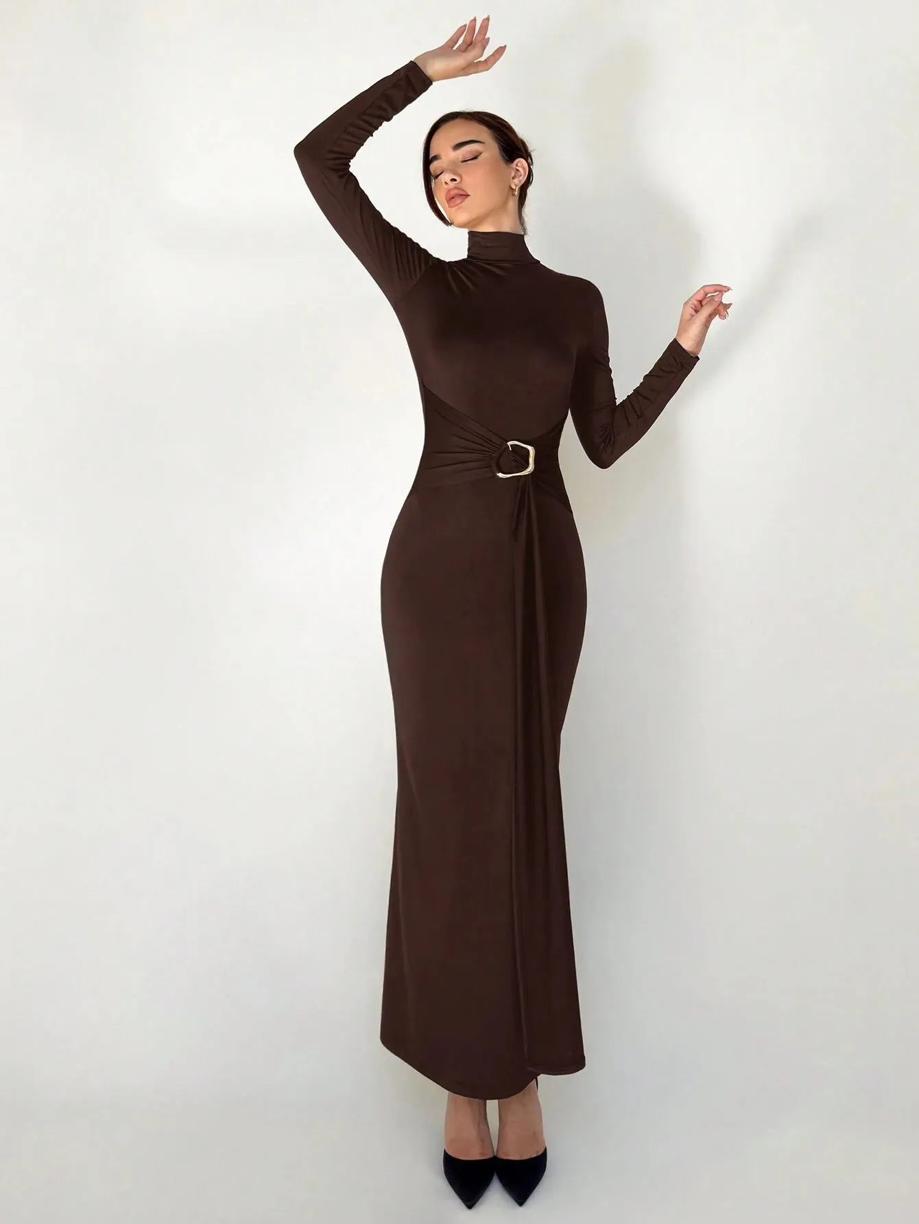 SHEIN Aloruh Autumn/Winter New Slim Fit Warm Stand Collar Long Sleeve Cinched Waist Extra-Long Versatile Knit Dress