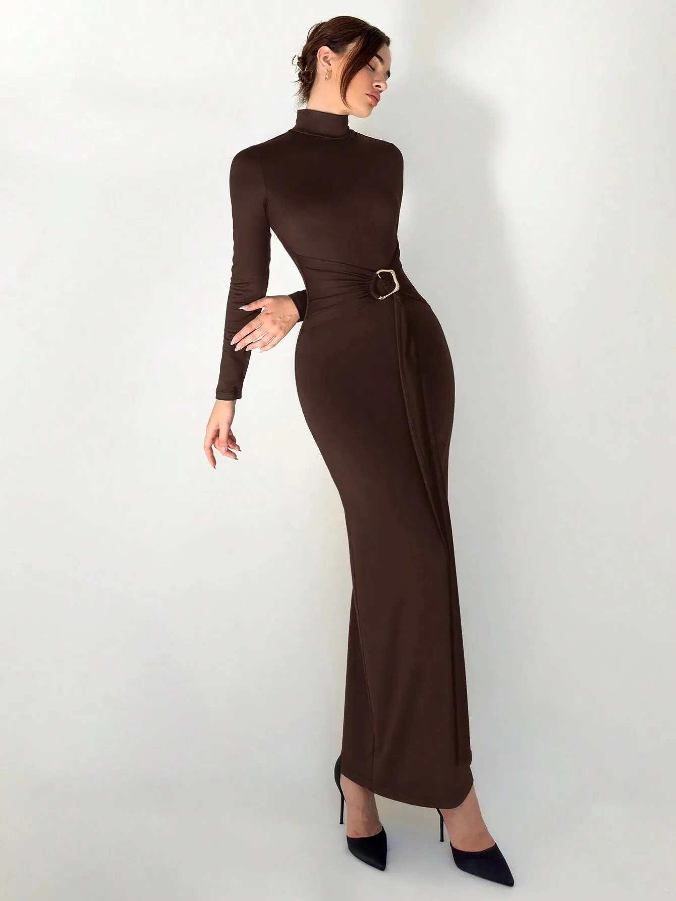 SHEIN Aloruh Autumn/Winter New Slim Fit Warm Stand Collar Long Sleeve Cinched Waist Extra-Long Versatile Knit Dress