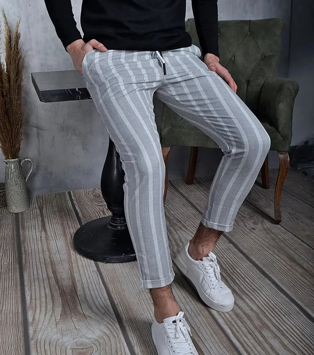 Sleek Stripe Pants: Men's Business Casual Slim Fit Pencil Trousers with Stripe Print