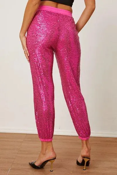 Sparkle Up Your Look with Hot Pink Sequin Drawstring Pants - Shop the Latest Trend Today