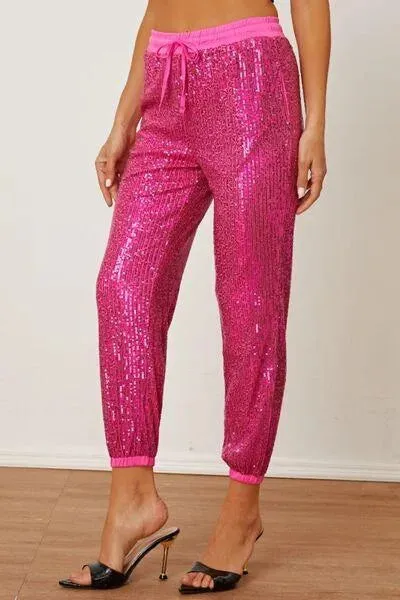 Sparkle Up Your Look with Hot Pink Sequin Drawstring Pants - Shop the Latest Trend Today