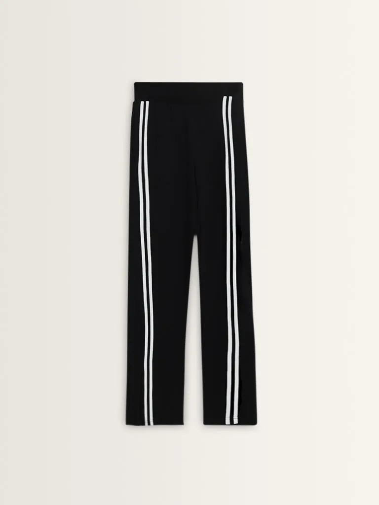 Studiofit Black Contrast High-Rise Cotton Blend Track Pants