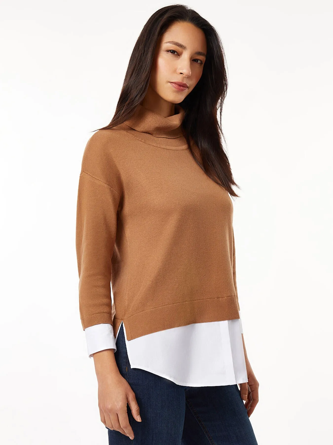 Turtleneck Sweater Woven Shirt Combo Top