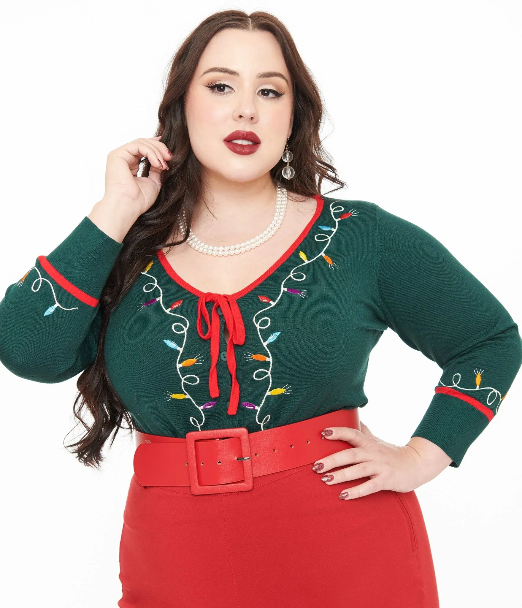 Unique Vintage Plus Size 1950s Green Holiday Lights Crop Cardigan