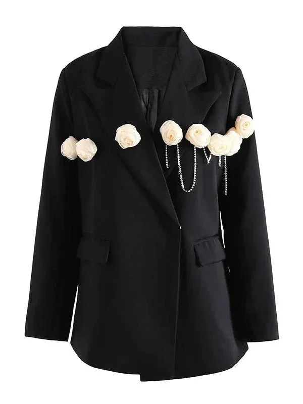 Wenkouban-Winter outfits Christmas Black Friday Notched Collar Flower Draped Chain Covered Button Blazer