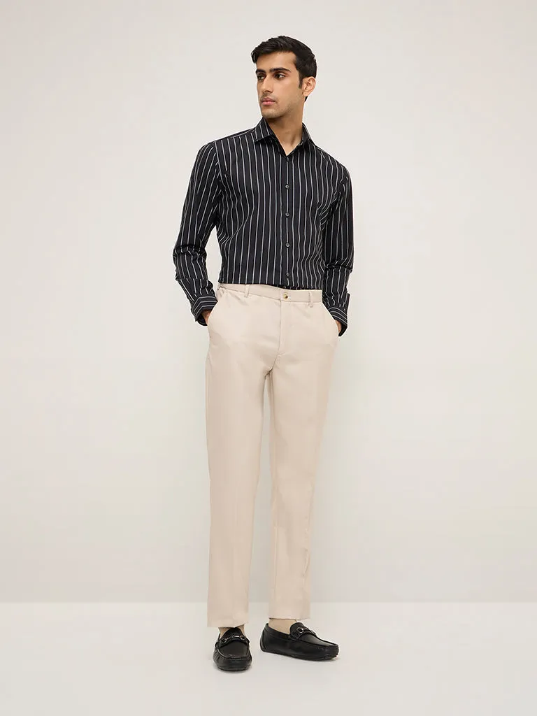 WES Formals Black Stripe Patterned Relaxed-Fit Shirt