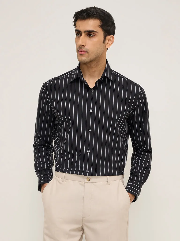 WES Formals Black Stripe Patterned Relaxed-Fit Shirt