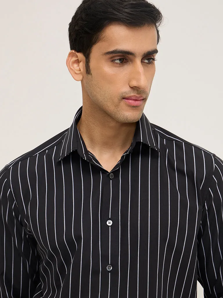 WES Formals Black Stripe Patterned Relaxed-Fit Shirt