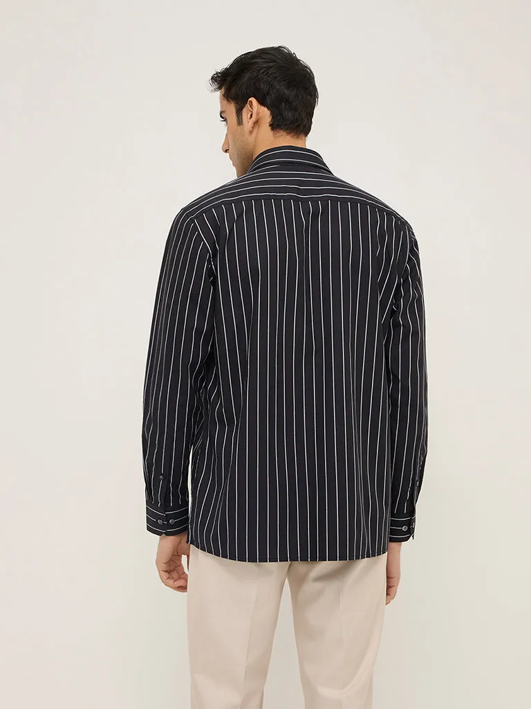 WES Formals Black Stripe Patterned Relaxed-Fit Shirt