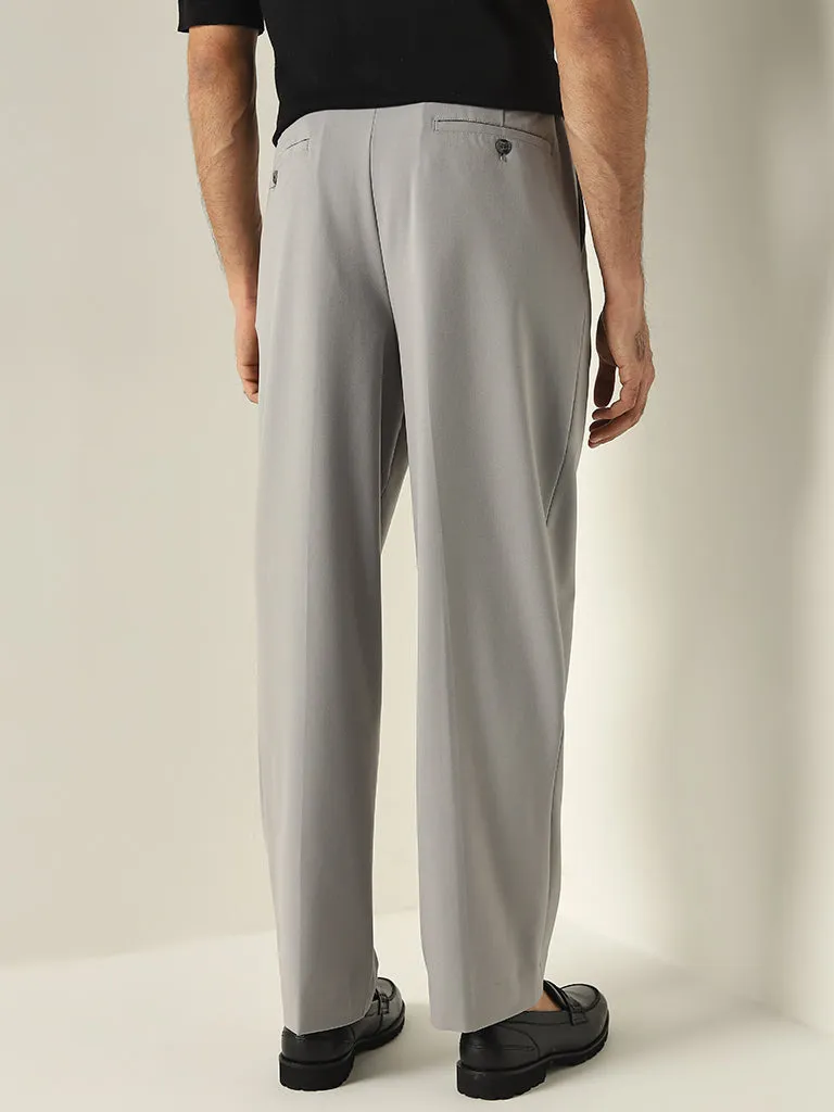 WES Formals Grey Relaxed-Fit Mid-Rise Trousers