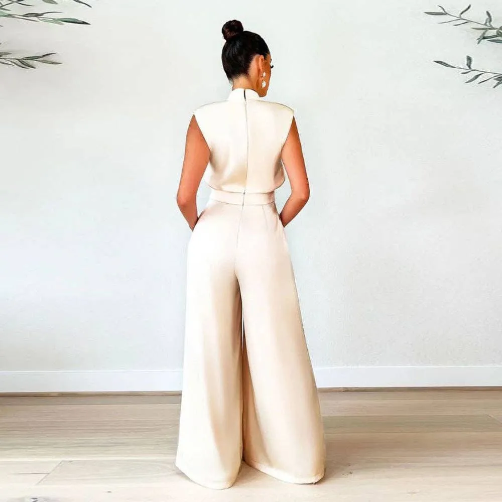 Wide Leg Pants Solid Color Turtleneck Sleeveless Fitted Waist Jumpsuit