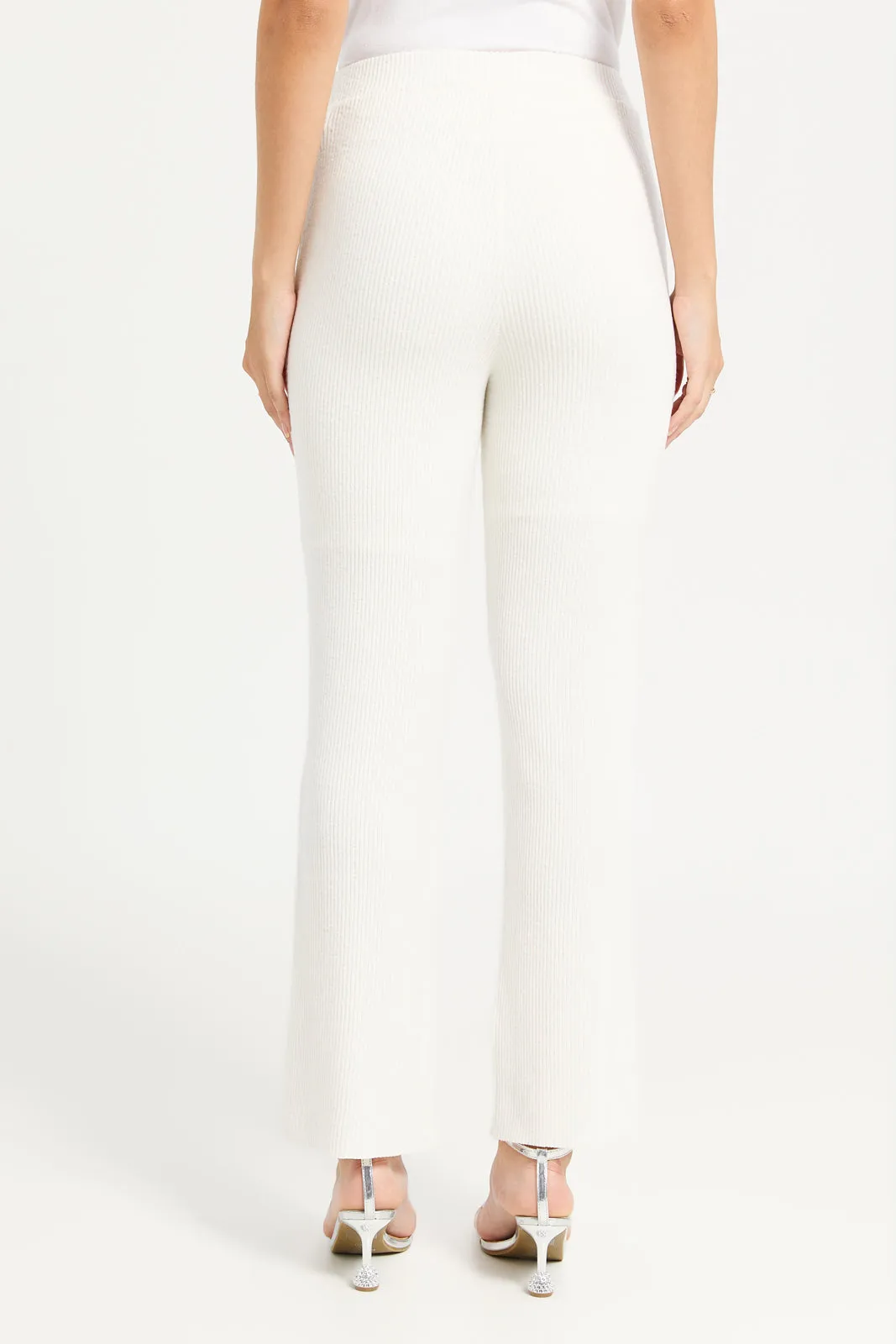 Women White Ribbed Knit Co-Ord Trouser