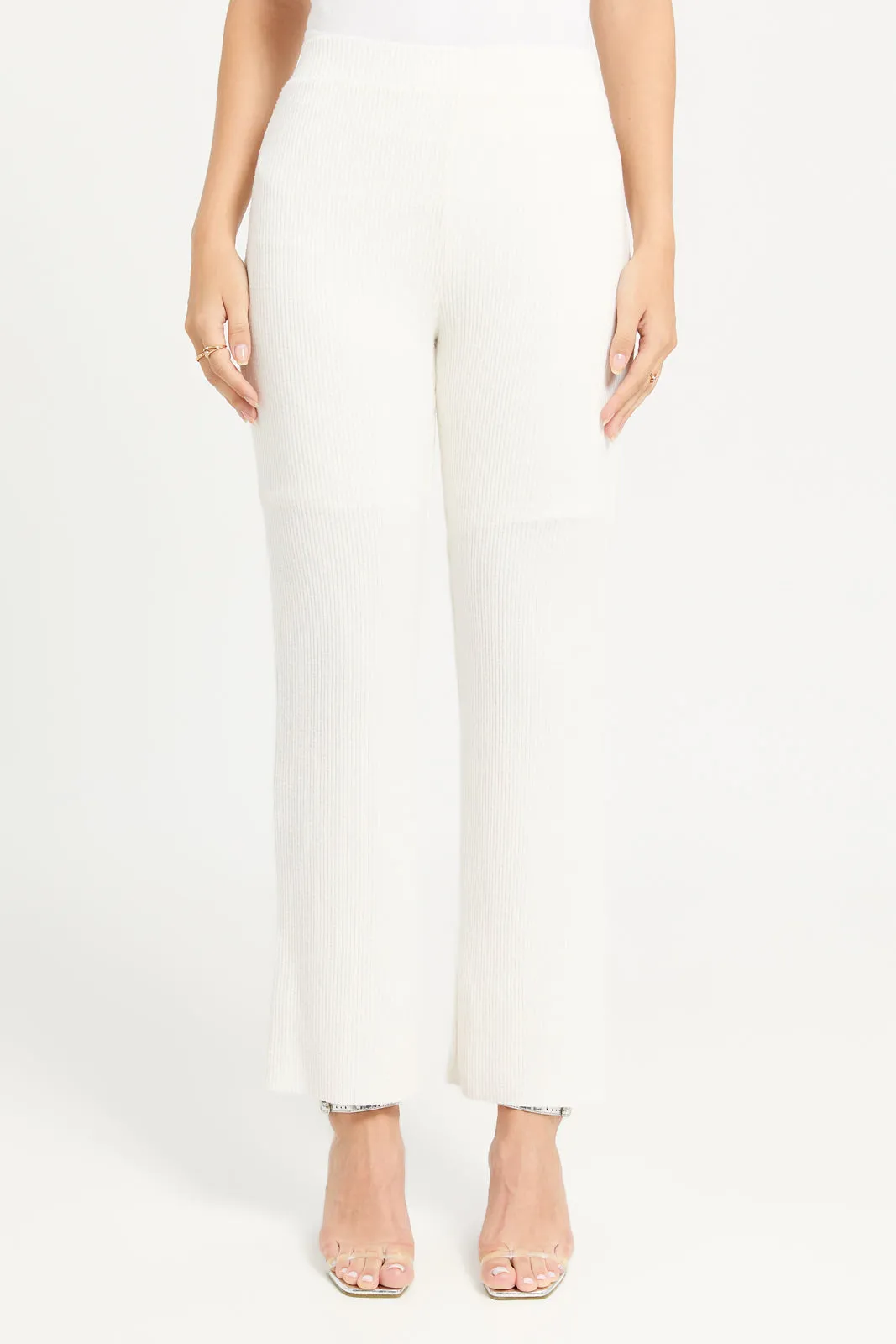 Women White Ribbed Knit Co-Ord Trouser