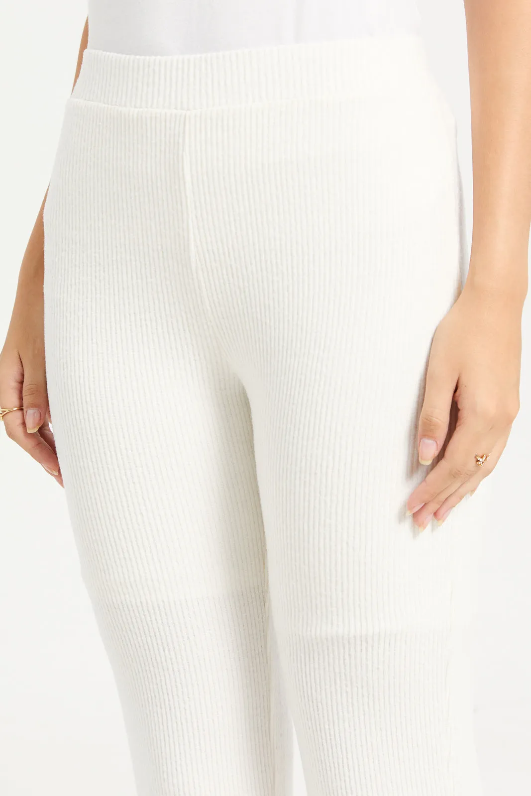 Women White Ribbed Knit Co-Ord Trouser