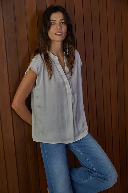 Woven Satin V-Neck Short Sleeve Button Down Top